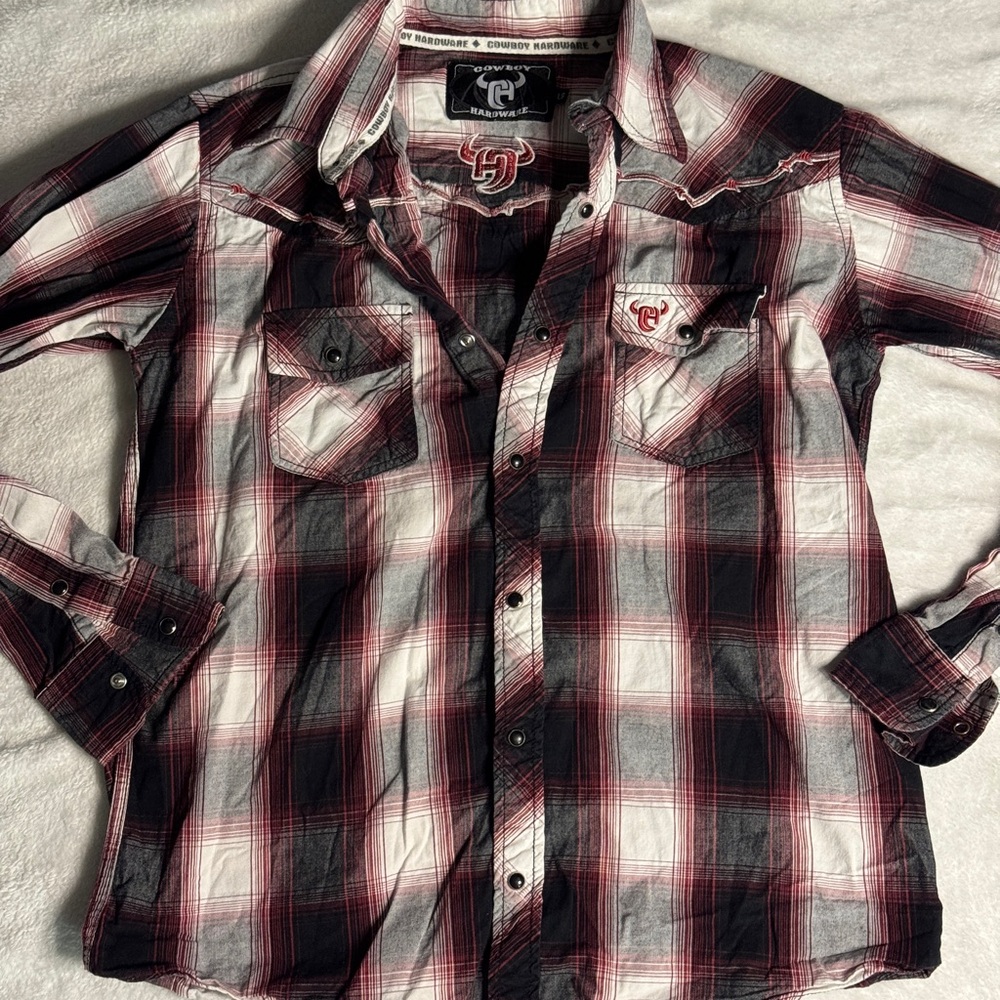 Kids Cowboy Hardware Button-Down Western Shirt Size Large Maroon White Plaid‎